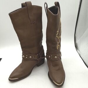 Dixie‎ Brown Faux Leather Western Cowboy Boots Gold Chain Buckle Sequins Size 6